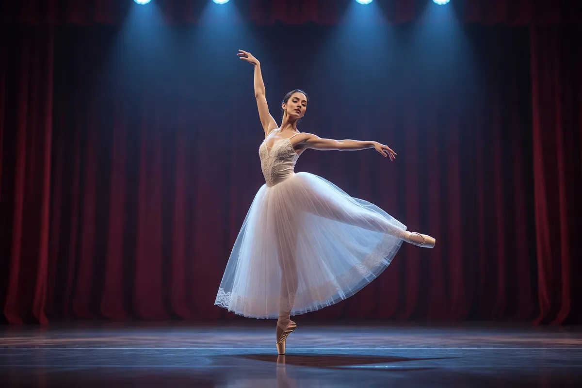 Danseuse en tutu romantique sur une scène de théâtre sous une lumière bleutée