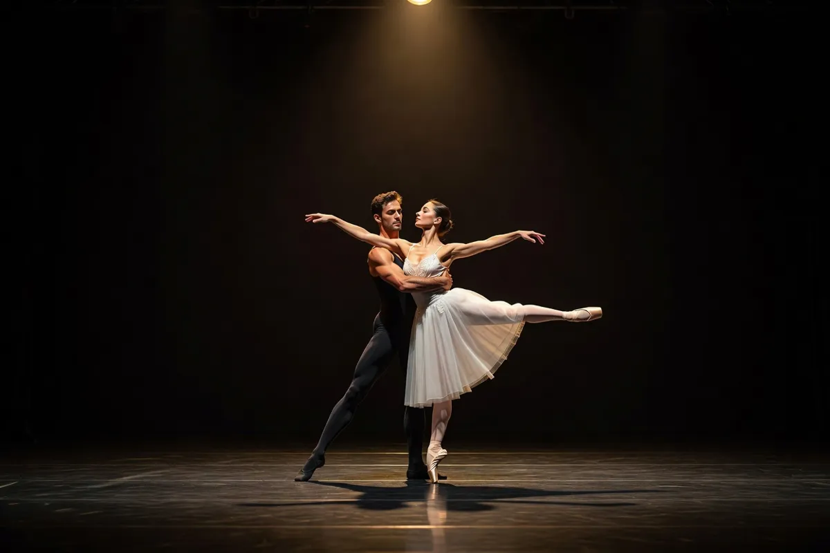 Couple de danseurs exécutant un pas de deux sous un projecteur chaud