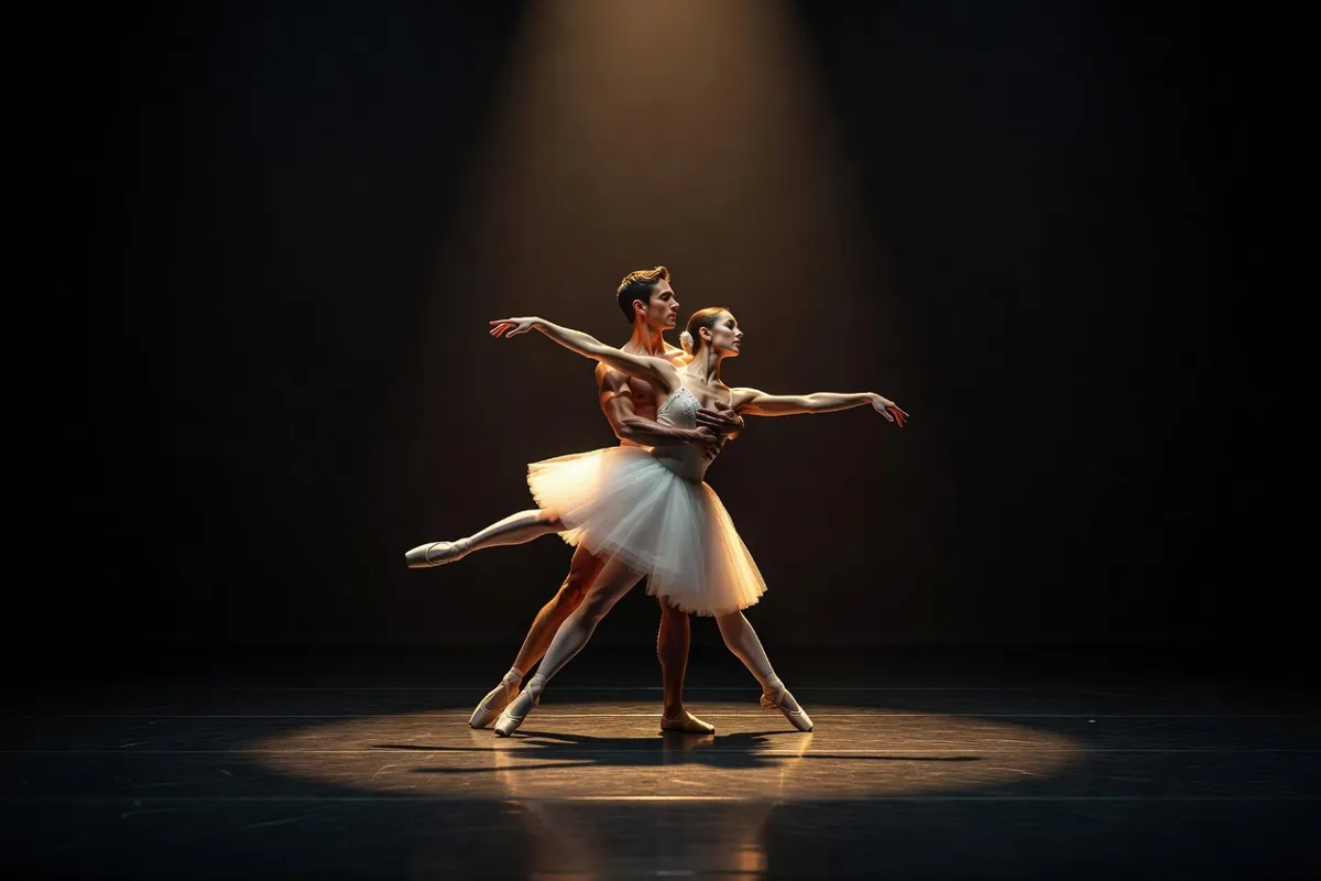 Couple de danseurs exécutant un pas de deux sous un projecteur chaud