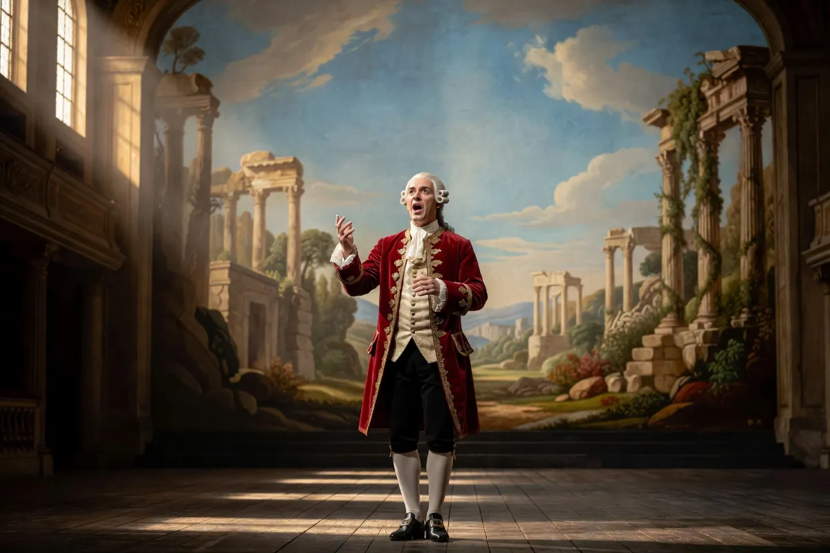 Chanteur d'opéra en costume historique sur une scène au décor peint
