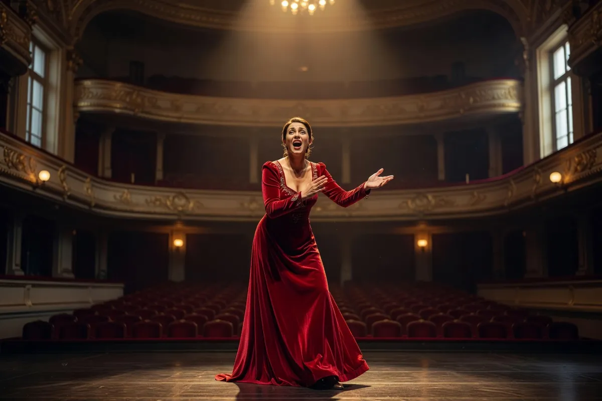 Chanteuse d'opéra en longue robe sur une scène sous des projecteurs chauds