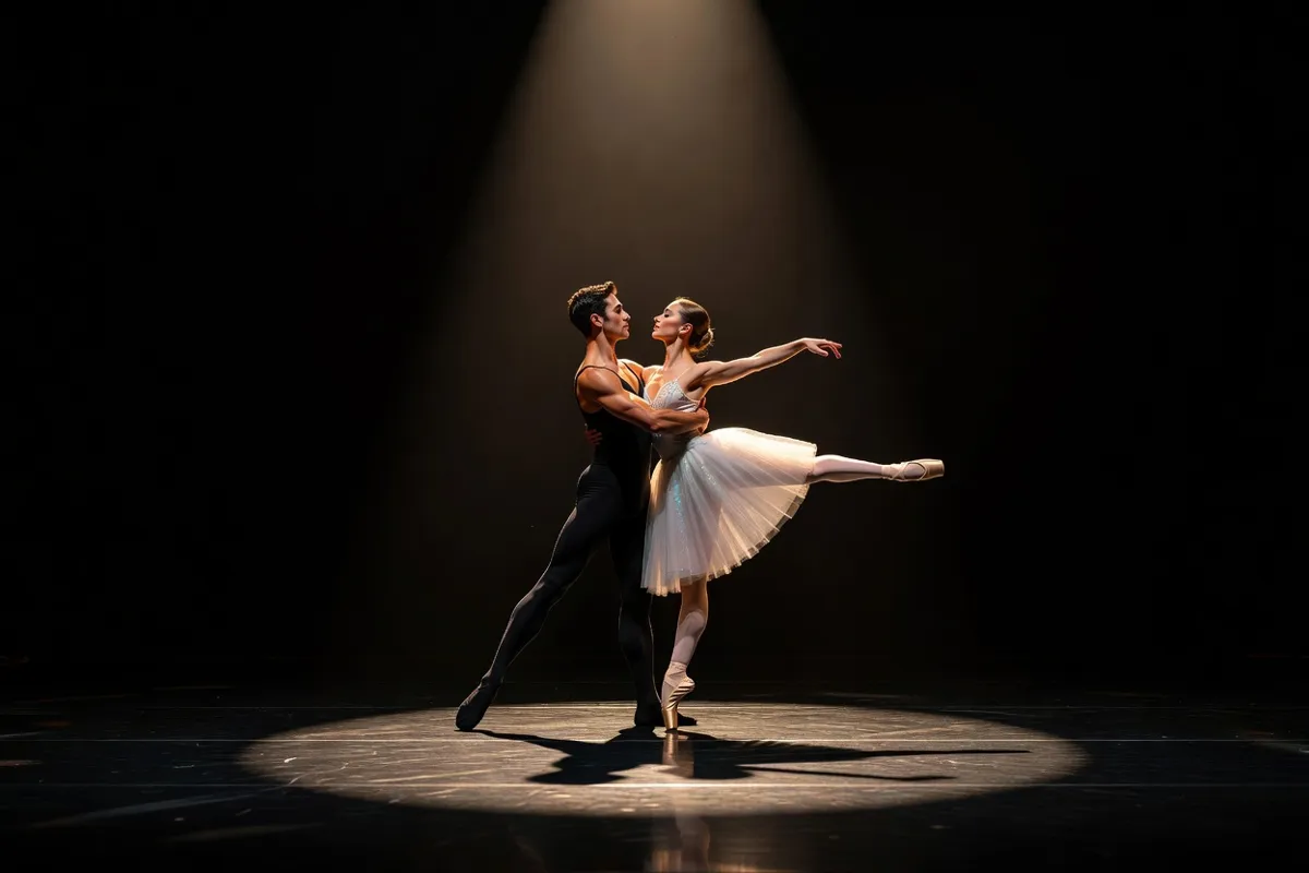 Couple de danseurs exécutant un pas de deux sous un projecteur chaud