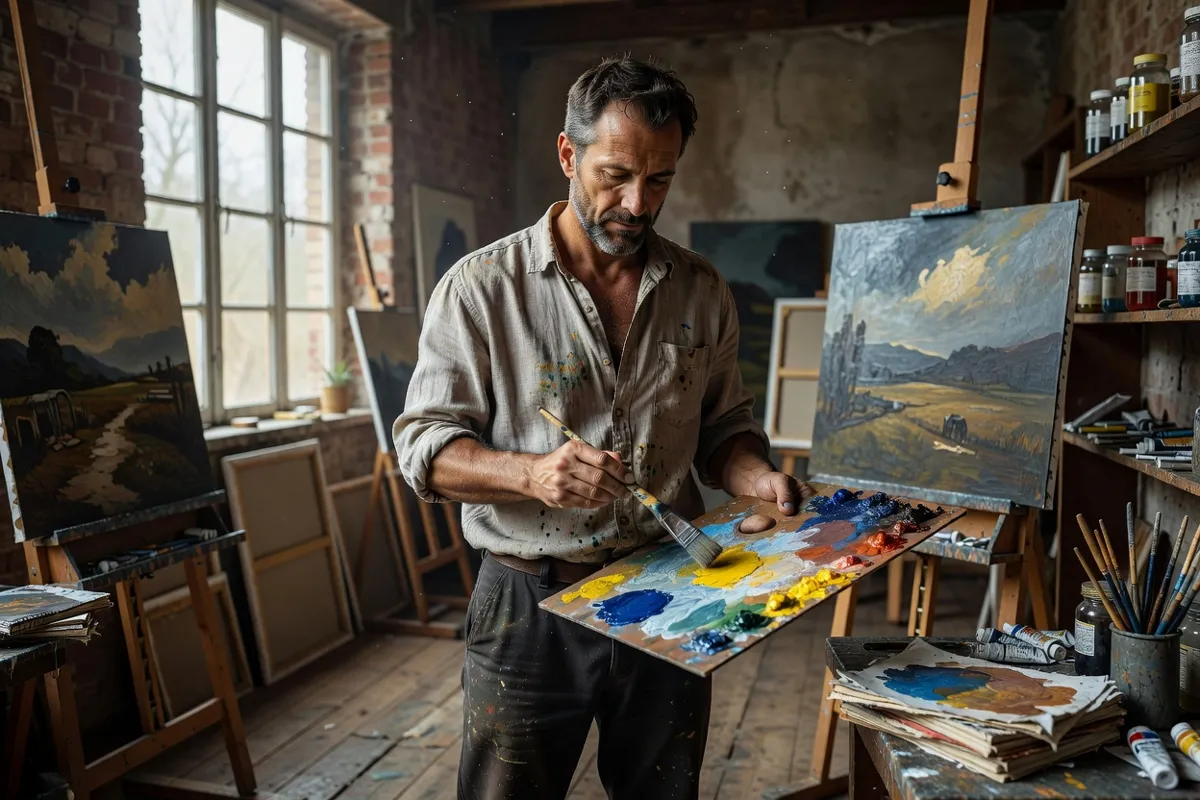 Peintre mélangeant des couleurs sur sa palette dans un atelier rustique éclairé au nord