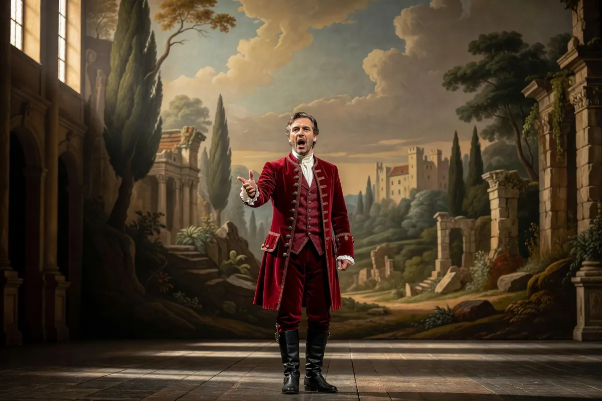 Chanteur d'opéra en costume historique sur une scène au décor peint