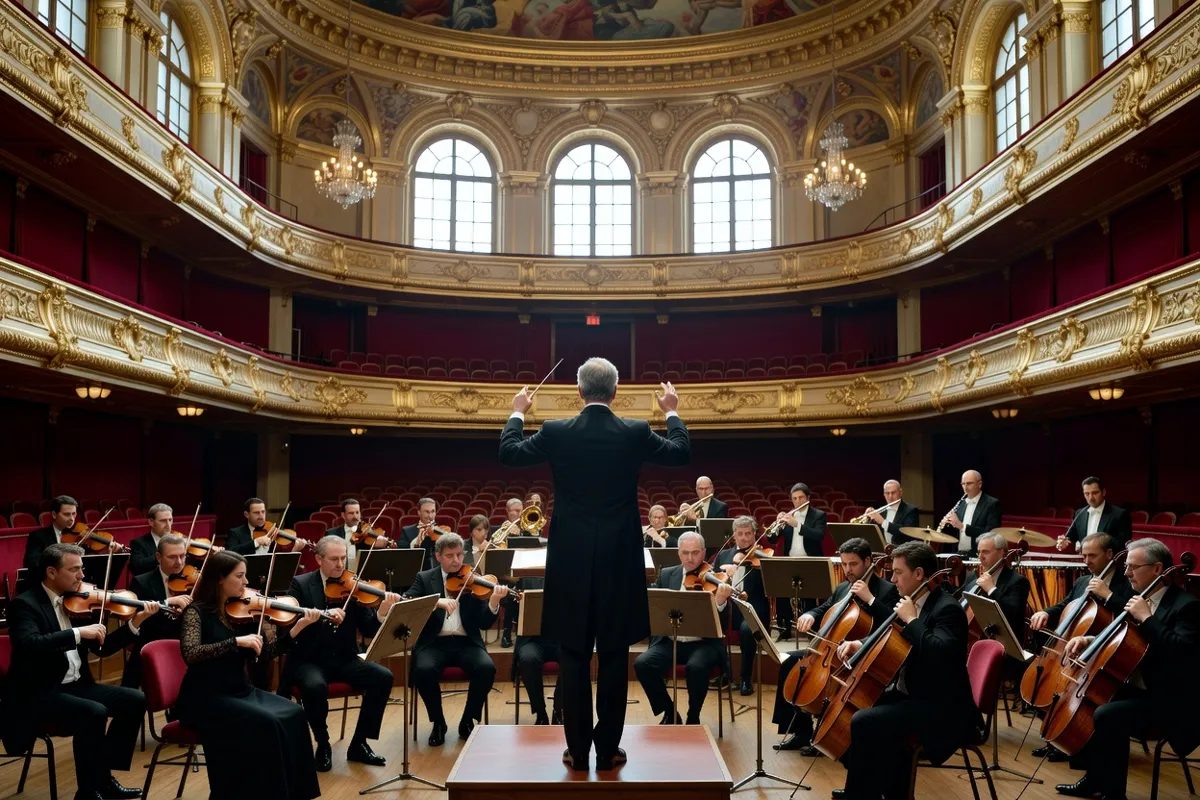 Orchestre symphonique dirigé par un chef vu de dos dans une salle de concert aux balcons dorés