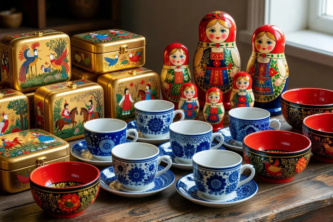 Collection d'objets d'artisanat russe — boîtes palekh dorées, poupées matriochka, céramiques gzhel bleues, khokhloma