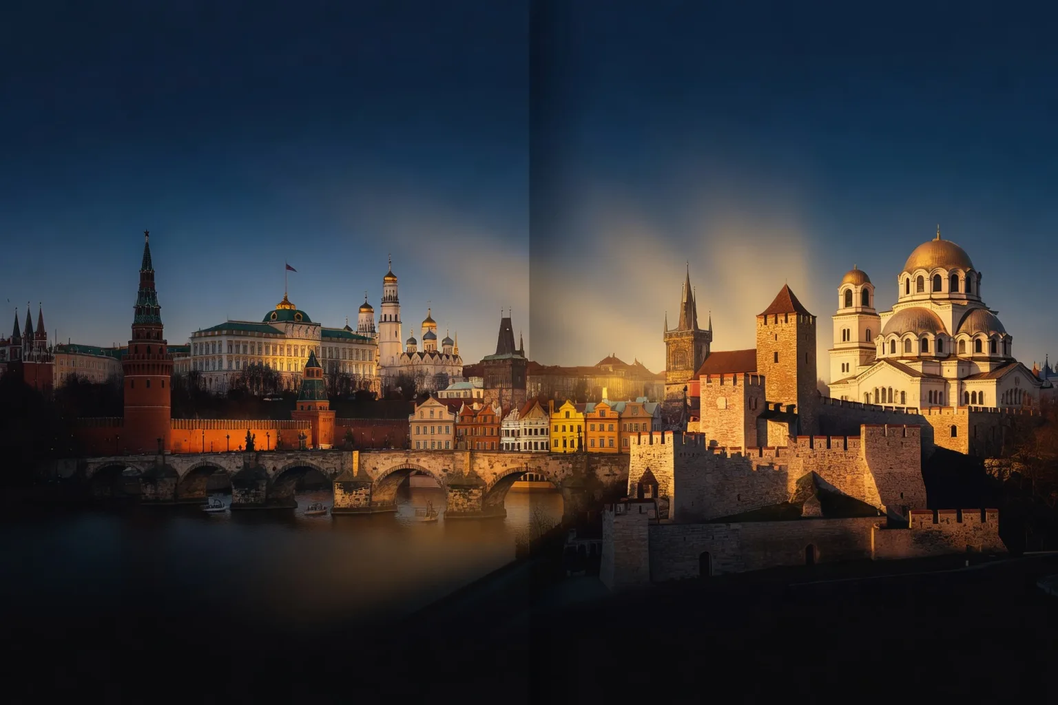 Composition editoriale des silhouettes de Moscou, Prague, Varsovie et Belgrade au crepuscule