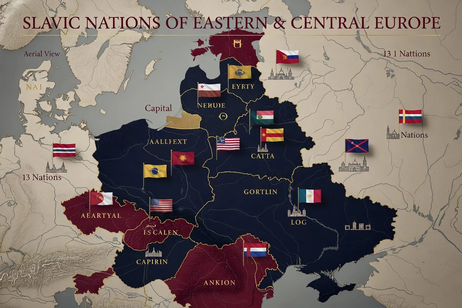 Carte stylisee des 13 pays slaves d'Europe avec leurs capitales et frontieres marquees