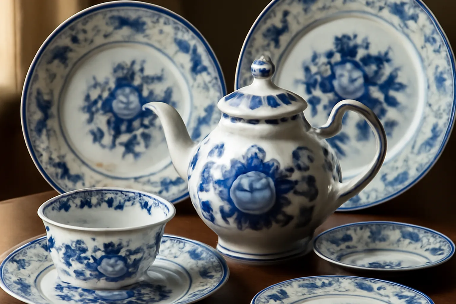 Assortiment de porcelaine de Gzhel bleu et blanc peinte à la main