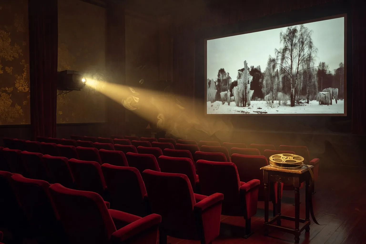 Composition editoriale evoquant le cinema russe contemporain : pellicule, projecteur, atmosphere de salle obscure