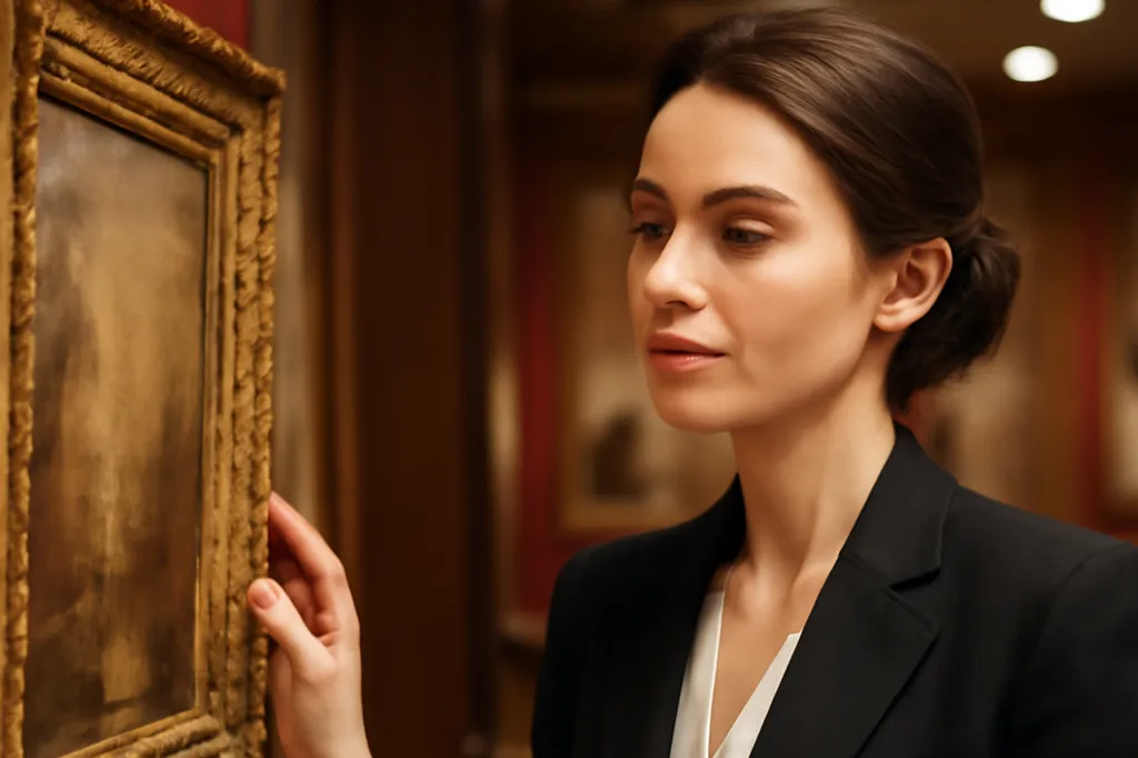 Visiteuse examinant un tableau ancien encadré lors d'une exposition avant-vente en salle des ventes