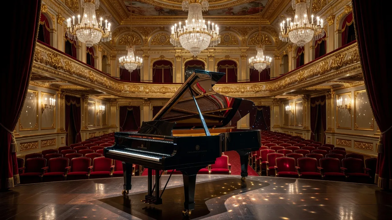 Grand piano à queue ouvert dans une salle de concert dorée, lumière de scène tamisée