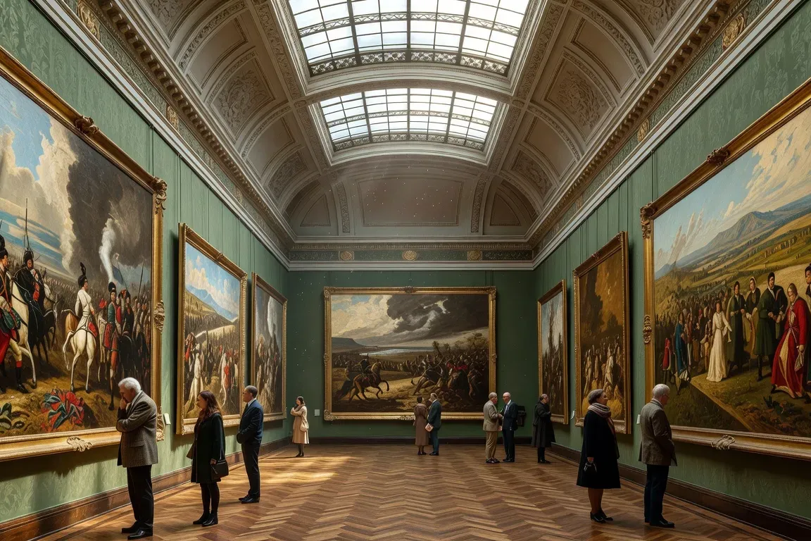 Intérieur de musée classique avec tableaux russes, visiteurs en contemplation, lumière naturelle