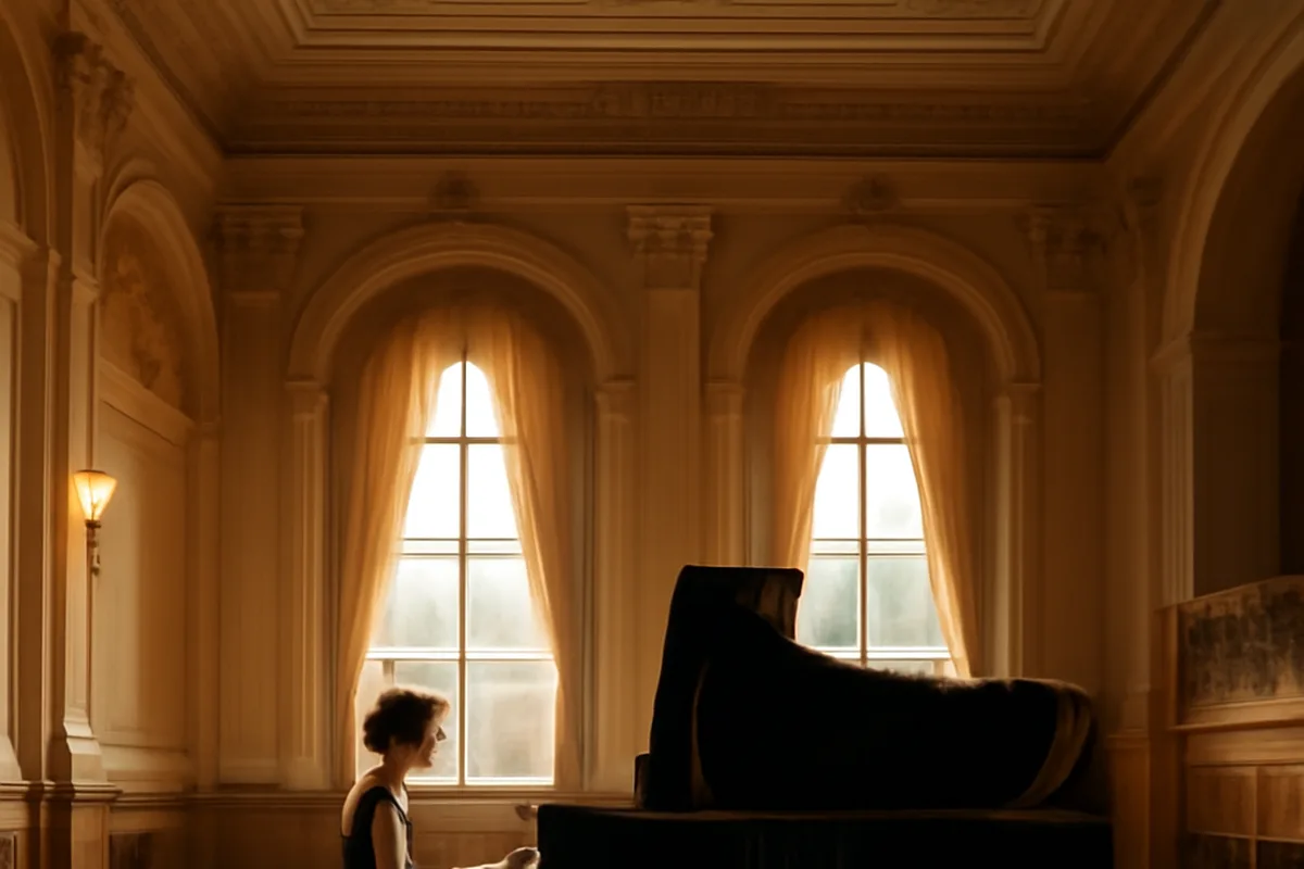 Intérieur d'une salle de conservatoire de musique russe avec piano à queue et lumière naturelle