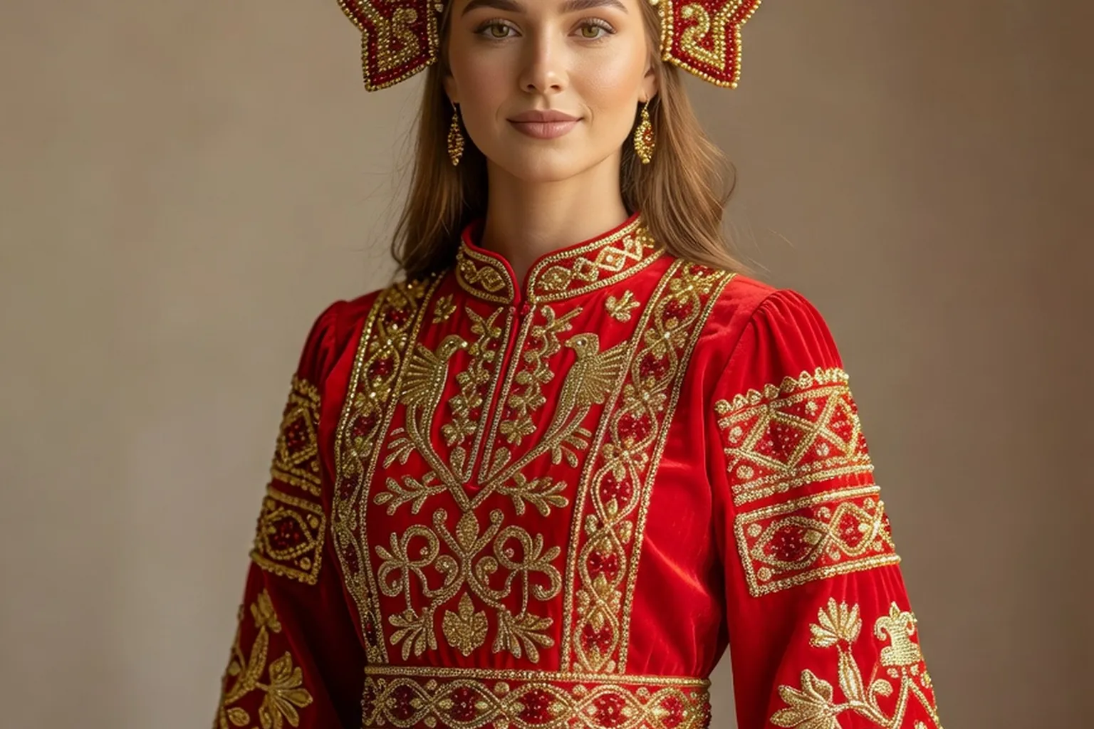 Femme en costume traditionnel russe sarafan et kokochnik brodé, couleurs vives