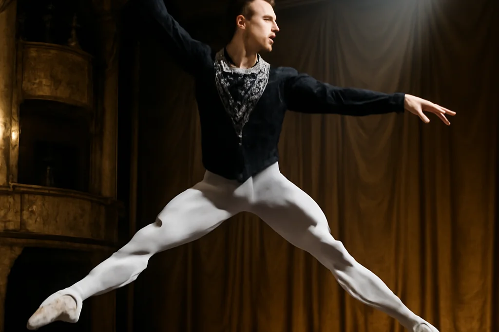 Danseur étoile masculin en costume de ballet classique russe sur la scène historique d'un théâtre impérial