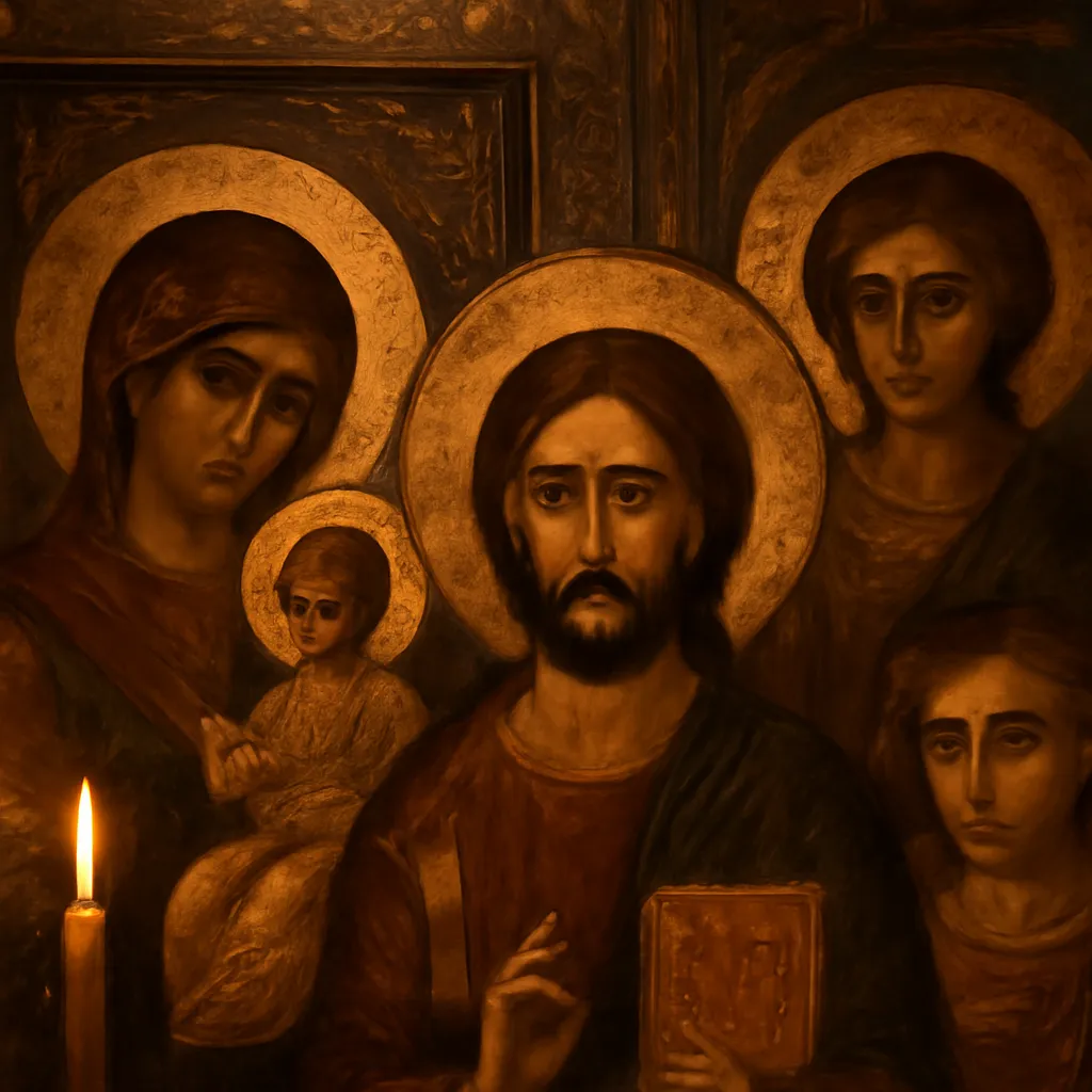 Collection d'icônes orthodoxes russes dorées sur fond sombre, halos lumineux, rouges et ors
