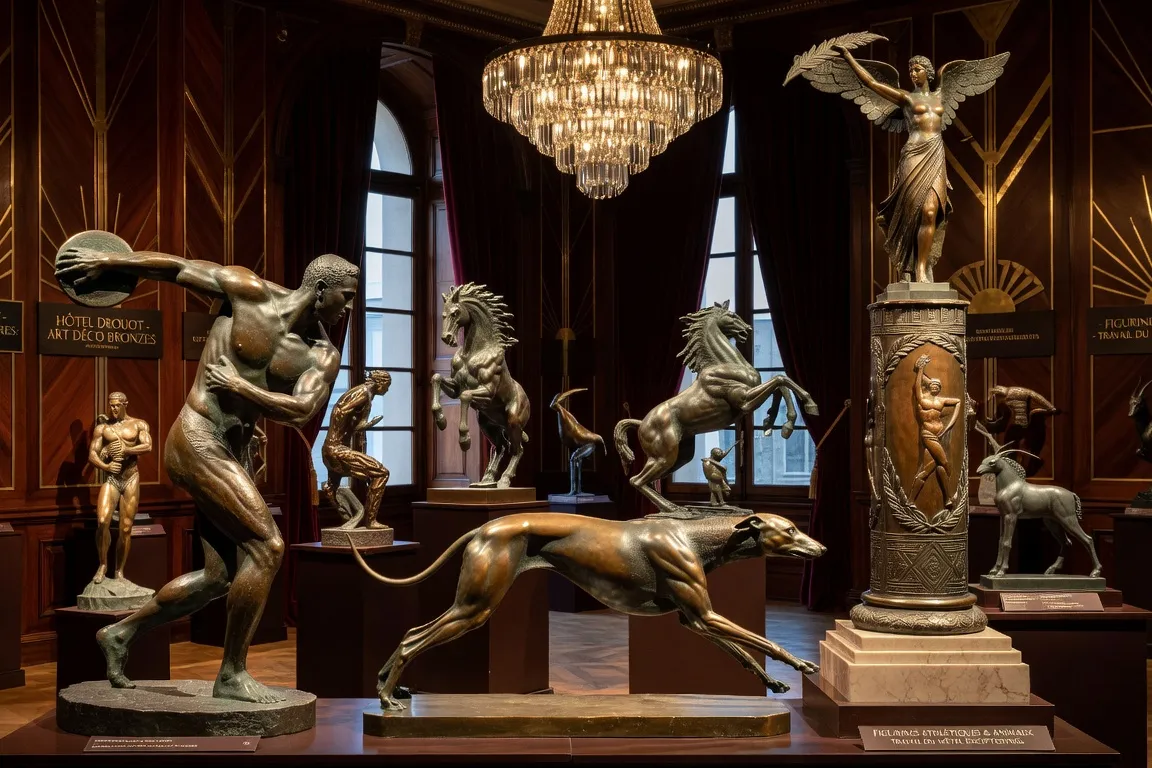 Collection de bronzes Art Déco de Georges Lavroff — figures sportives et animaux en bronze doré sur fond sombre