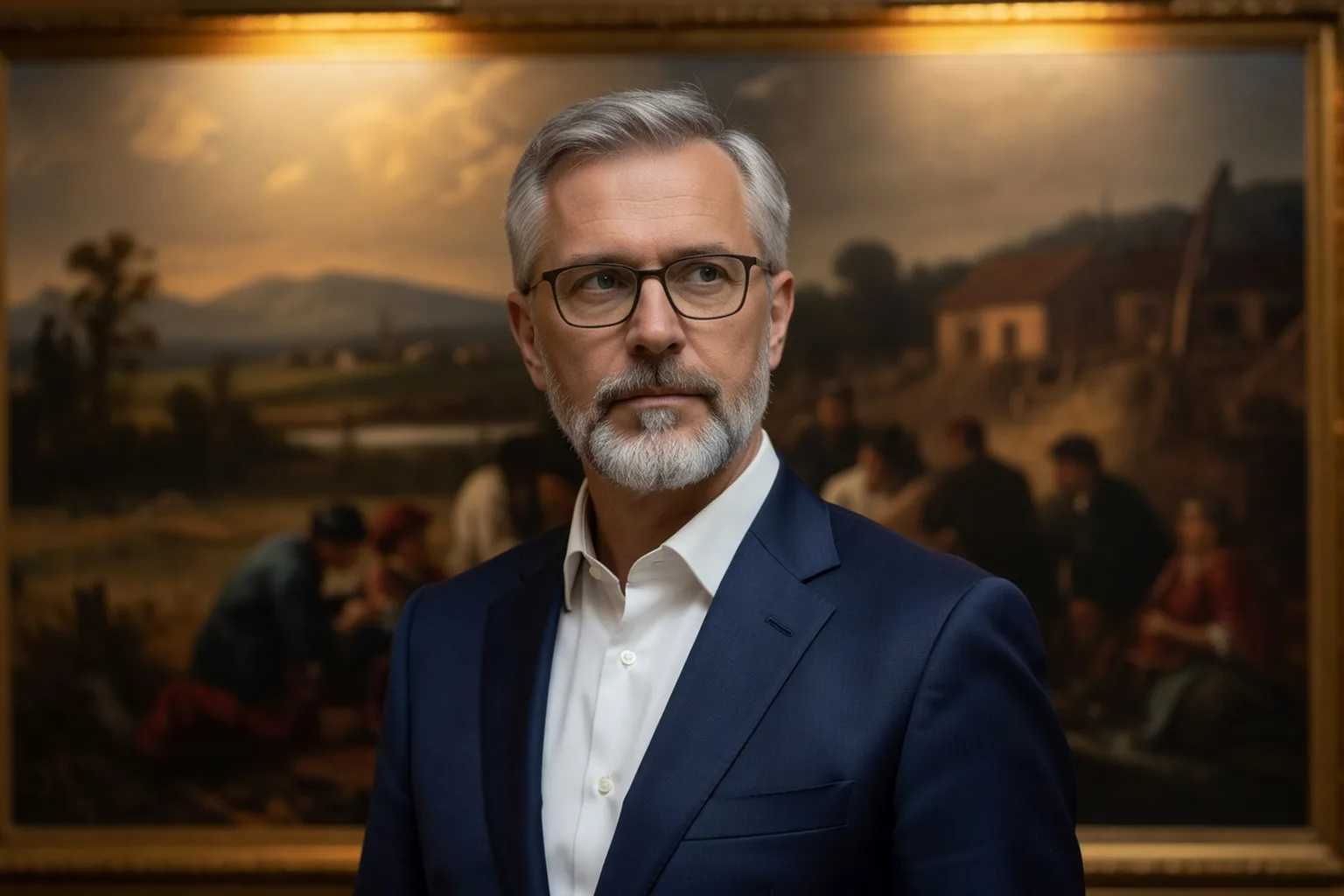 Portrait editorial de Mikhail Petrov, historien d'art specialise en peinture russe, dans une galerie