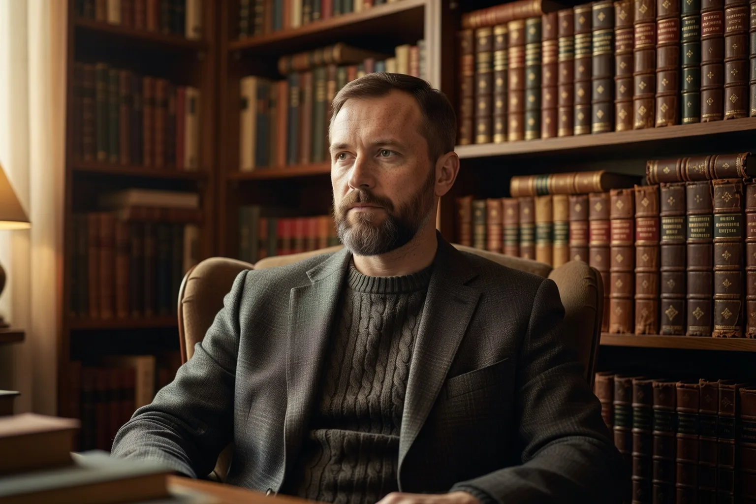 Portrait editorial de Dimitri Slaviansky, slaviste et ethnologue, dans un cadre de bibliotheque