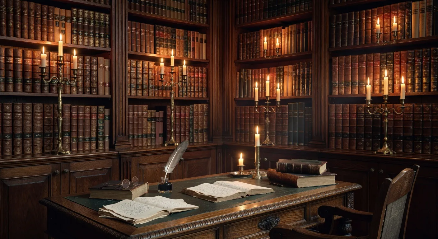 Bibliotheque ancienne avec des ouvrages classiques de la litterature russe, reliures dorees et ambiance feutree