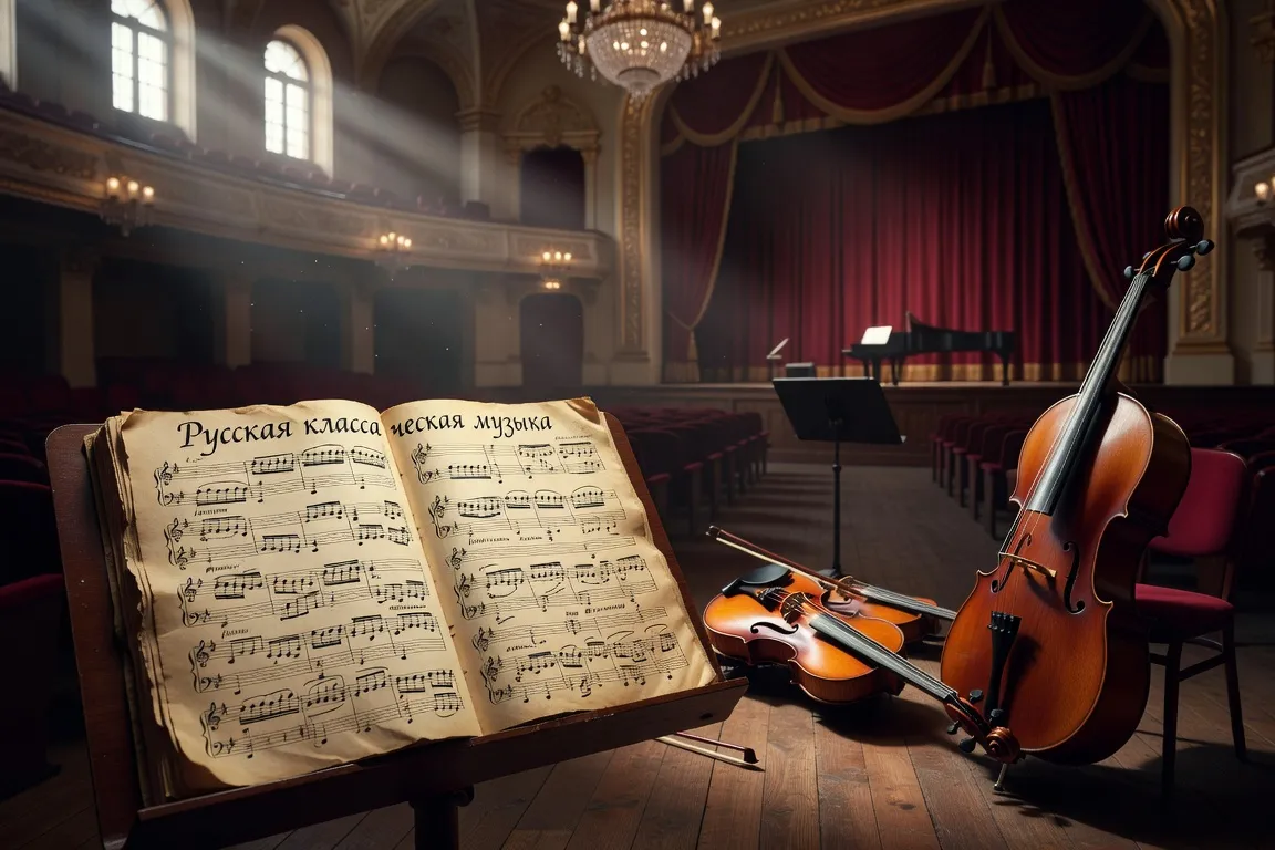 Partition musicale manuscrite de musique classique russe avec instruments orchestraux — violon, violoncelle, baguette de chef