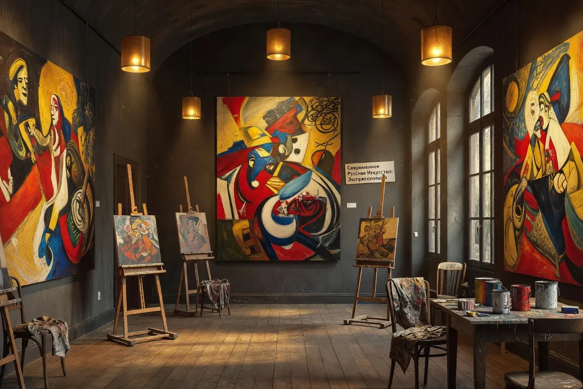 Composition de toiles russes contemporaines dans un atelier parisien éclairé à la lumière dorée