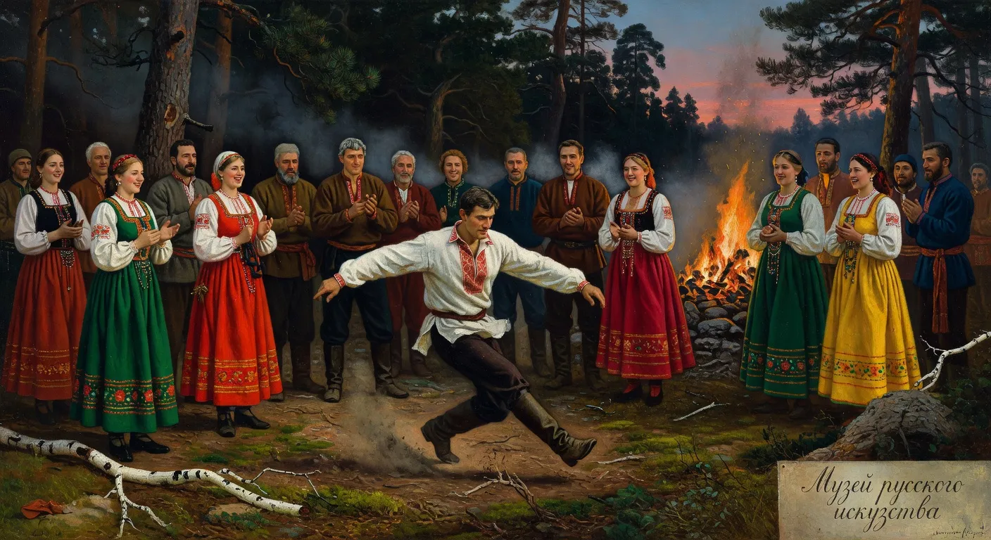 Toile du XIXe siècle représentant la plyaska russe — danseurs en costumes folkloriques colorés dans une clairière, style réaliste russe